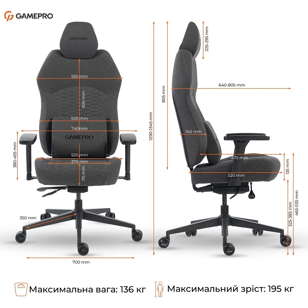 Крісло ігрове GamePro GC925G Grey fabric (GC925G) - фото 10