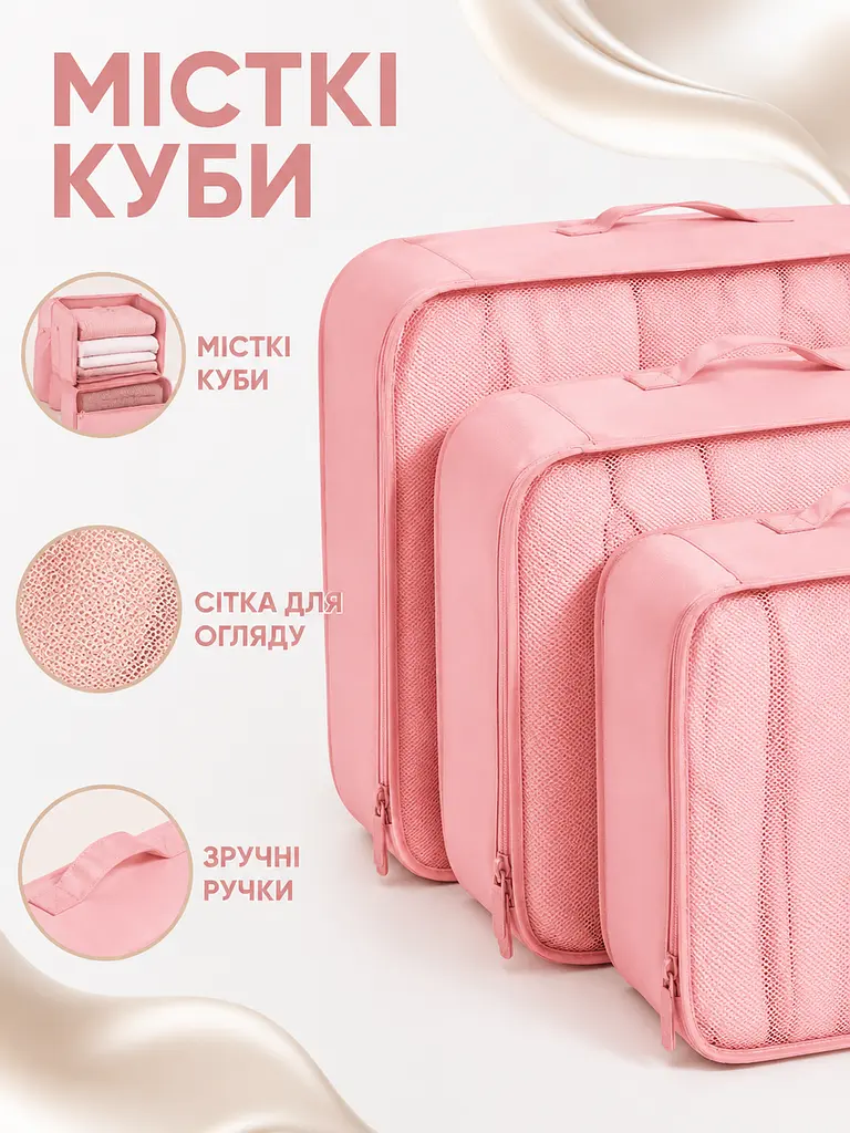 Набір дорожніх органайзерів для валізи 11 в 1 для одягу, взуття та косметики рожевий (49676172) - фото 5