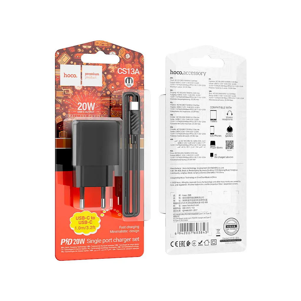 Зарядний пристрій HOCO CS13A Ocean USB-C PD 20 Вт + кабель USB-C — USB-C чорний (6942007603843) - фото 4