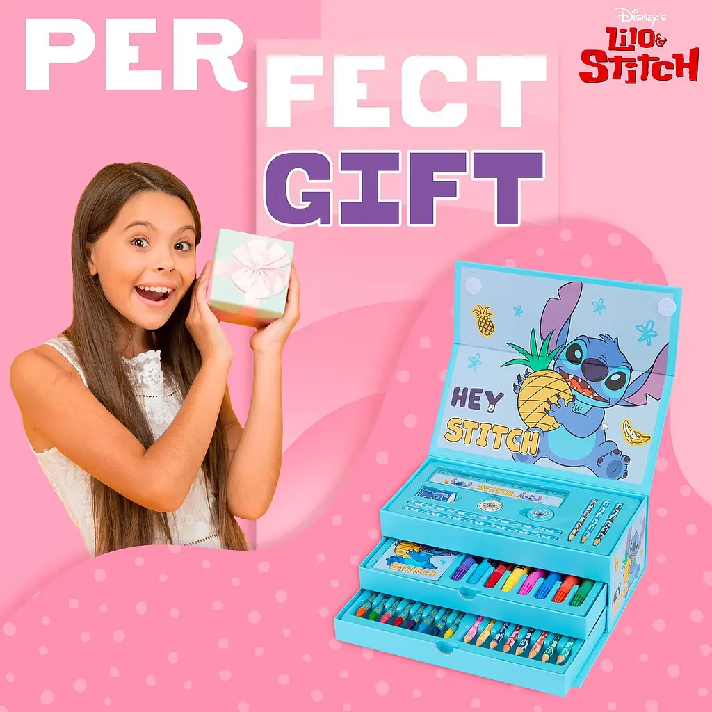 Набір Disney Stitch Art Set для дітей, футляр для розфарбовування з олівцями, крейдою, блокнотом - фото 2