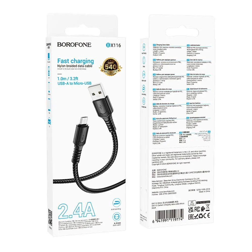 Кабель синхронизации Borofone BX116 Fast charging 2.4A USB to Micro 1 м Black (37162_3610590) - фото 2