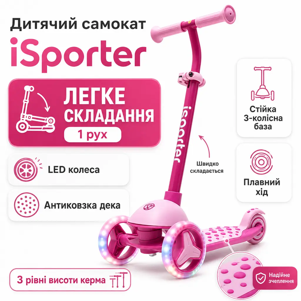 Самокат iSporter mini LED рожевий (M3Z_Pink) - фото 3