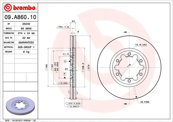 Диск тормозной передний вентилируемый Ford Ranger I, Mazda B-series 97-11г Brembo ( 09.A860.10 ) - фото 2