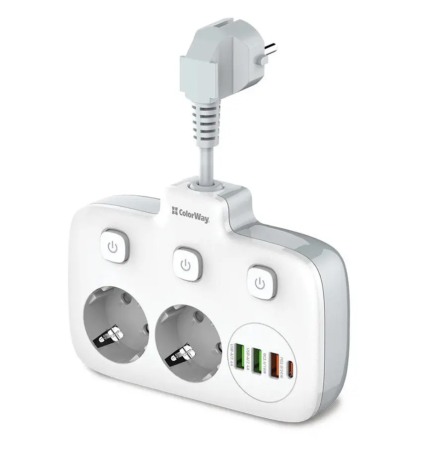 Мережевий фільтр-адаптер ColorWay CHE-24-PDW 20W, 2x220V, 3xUSB-A, 1xUSB-C
