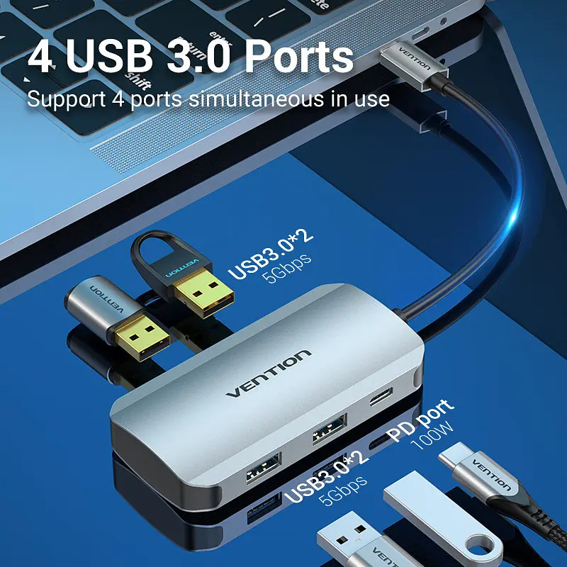 Хаб USB 3.1 Type-C -> 4хUSB 3.0/PD 100W 5-in-1 Vention - фото 2