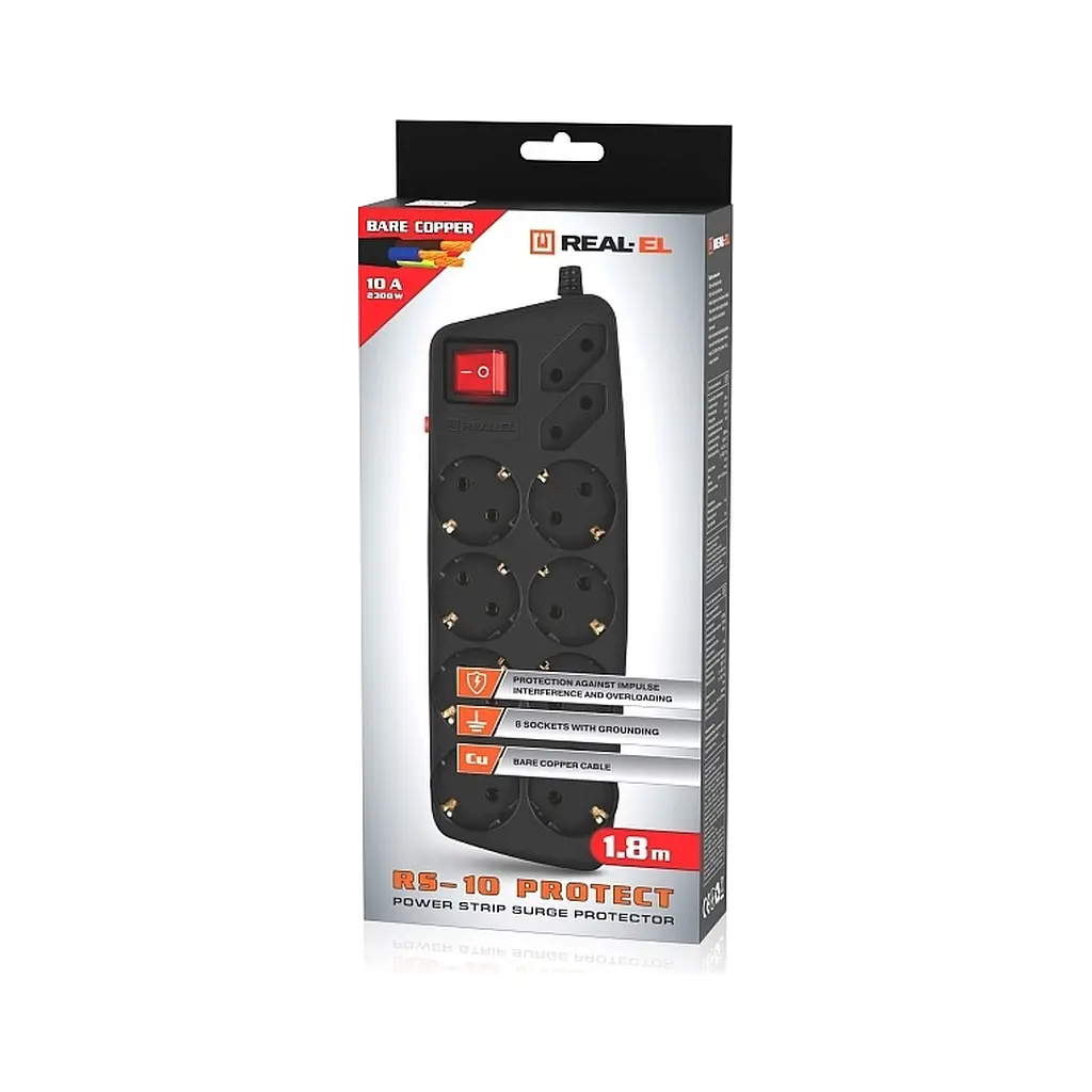 Мережевий фільтр живлення REAL-EL RS-10 Protect, 1.8m, black (EL122300038) - фото 8