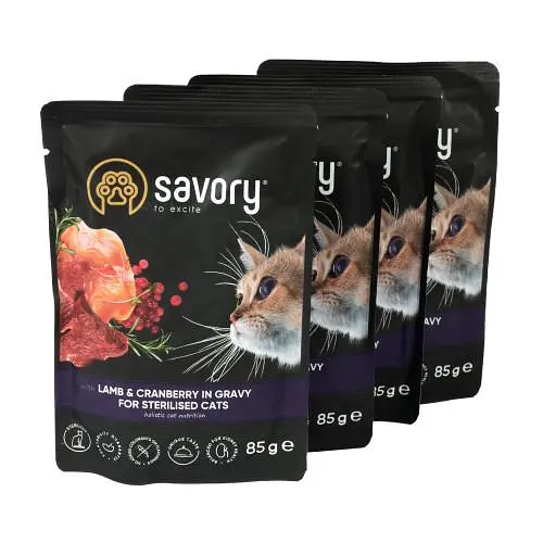 Набір вологих кормів Savory 3+1 для стерилізованих кішок, ягня з журавлиною в соусі, паучі, 4 шт. 85 г - фото 4