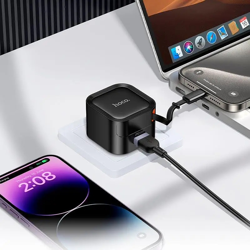 Адаптер мережевий із вбудованим кабелем USB-C - HOCO C154A Changer PD charger with telescopic cable 20W чорний - фото 3