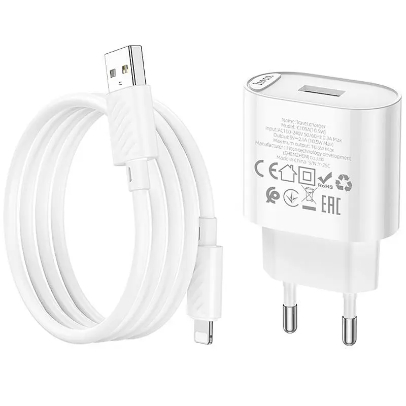 МЗП Hoco C109A Fighter 10.5W (1USB-A) + кабель USB to Lightning White - фото 5