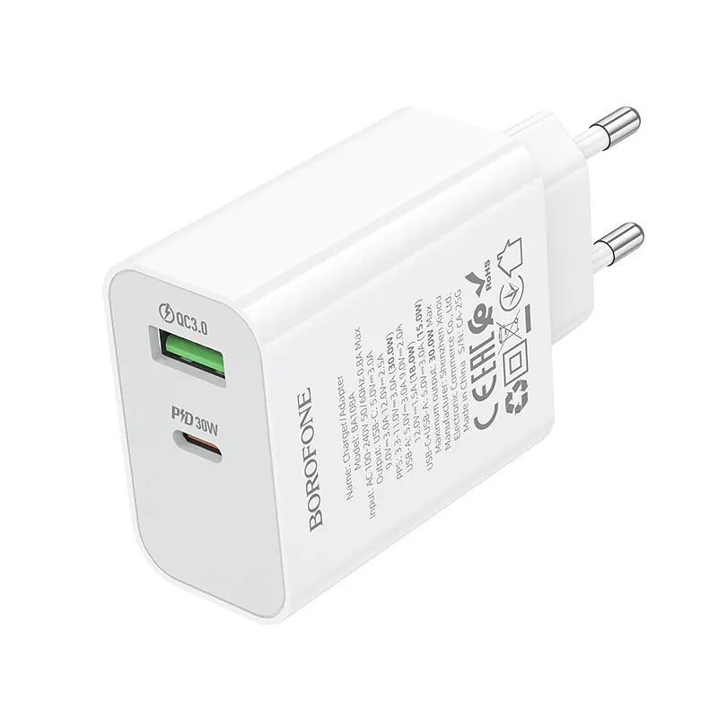 Мережевий зарядний пристрій BOROFONE BA108A Stellar PD30W+QC3.0 charger (EU) Білий - фото 3