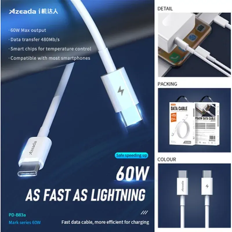 Дата кабель USB-C to USB-C 1.0m PD-B83a 60W Proda (PD-B83a-WHT) - фото 4