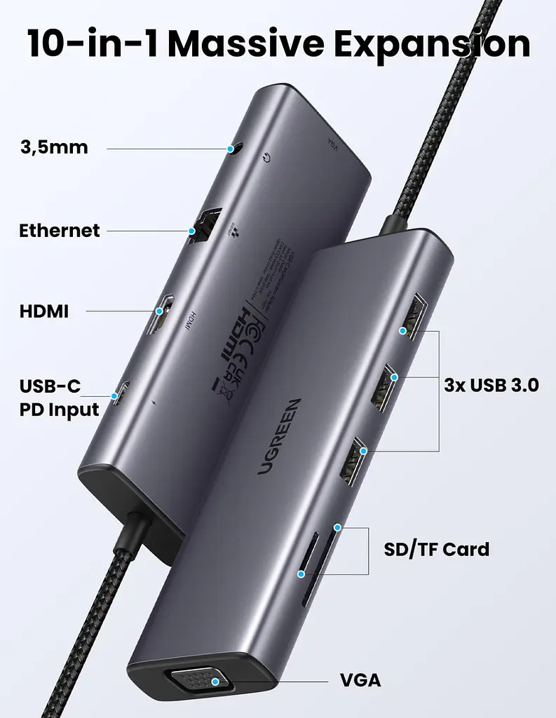 Док-станція USB3.1 Type-C --> HDMI/VGA/USB 3.0х3/RJ45/SD/TF/PD/3,5мм TRRS 100W 10-in-1 CM498 Ugreen - фото 4