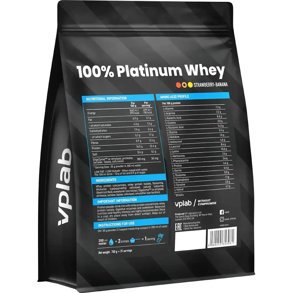 Протеїн VPLab 100% Platinum Whey Полуниця та банан 750 г - фото 2
