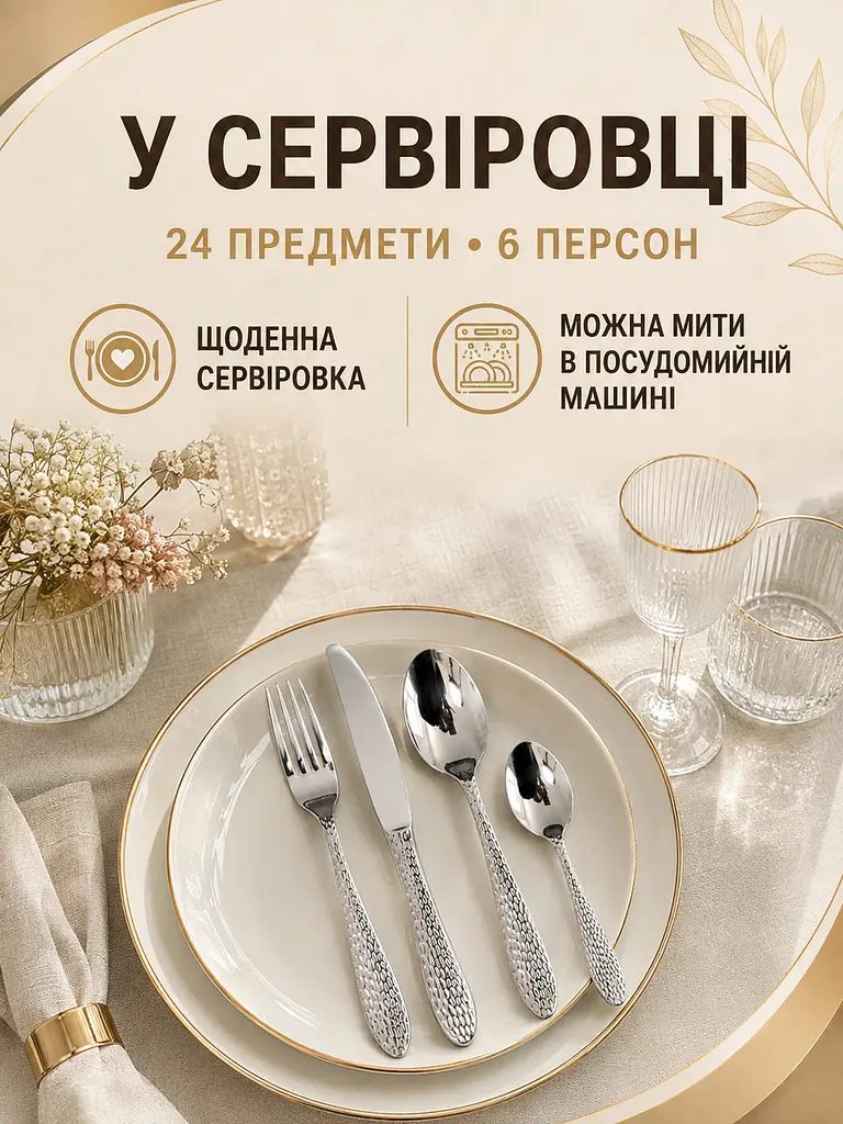 Набір столових приборів 24 предмети на 6 персон із нержавіючої сталі, ложки виделки ножі (49676238) - фото 9