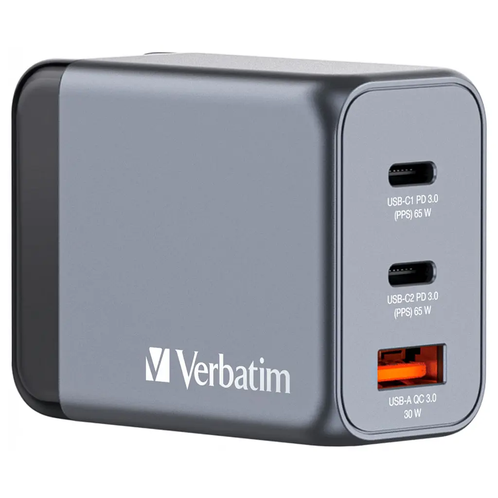 Зарядний пристрій Verbatim GaN 65 Вт, 3 порти (2xUSB-C 65 Вт / USB-A 3.0) (32201)