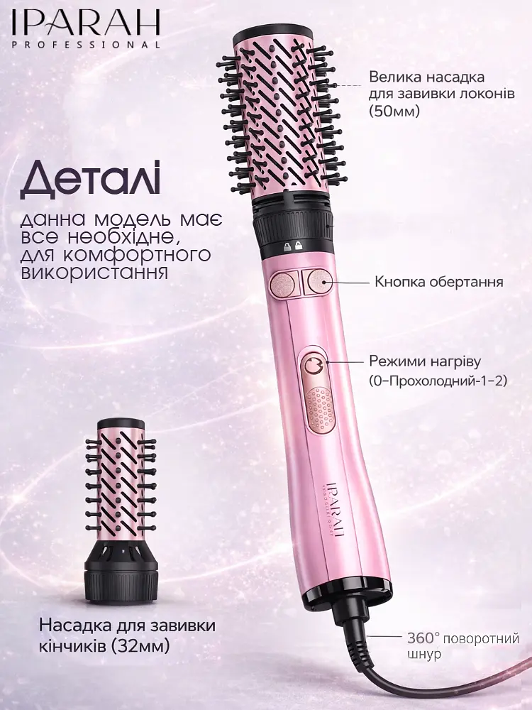 Фен щітка з обертанням, IPARAH Professional HOT AIR BRUSH 1200 Вт фен для волосся, фен-щітка браш з насадками для об'єму, браш для волосся Pink duplication - фото 4