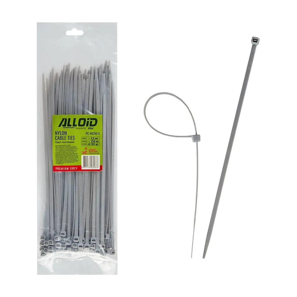 Стяжка Alloid 4.8х250мм, пластик, 100шт./уп., сірий (PC-48250G)