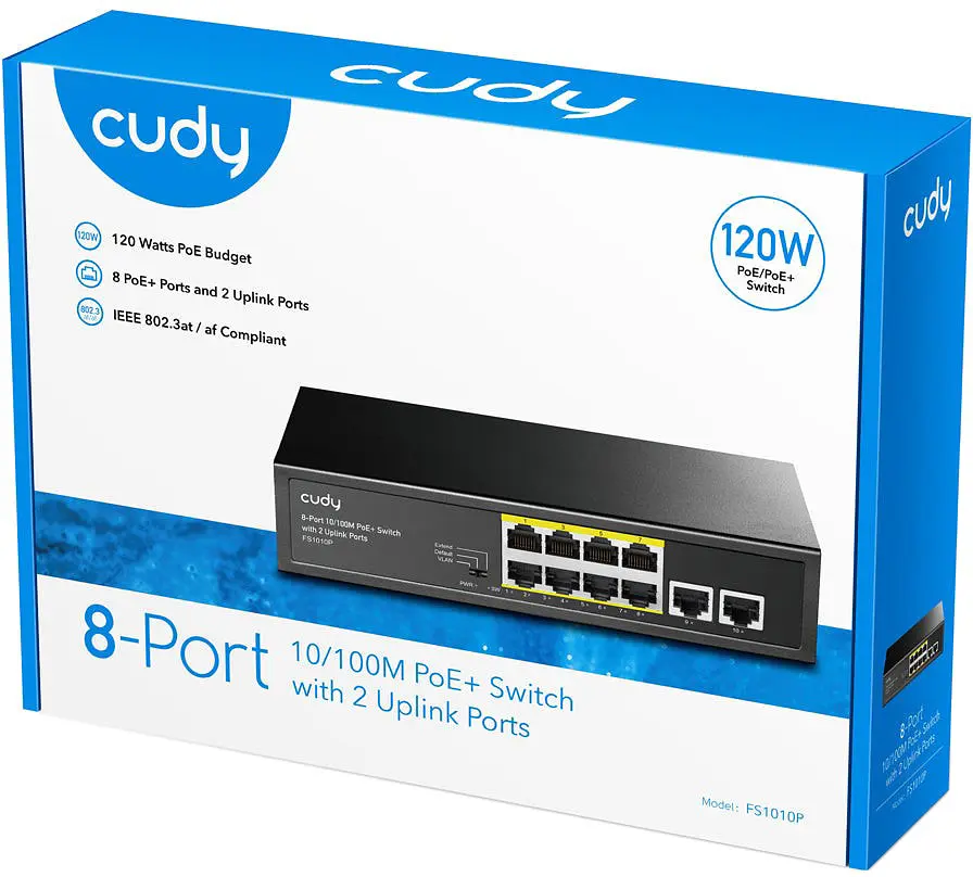 Комутатор Cudy FS1010P, 8 портовий 10/100M PoE+ Switch with 2 Uplink Ports 120W - фото 4