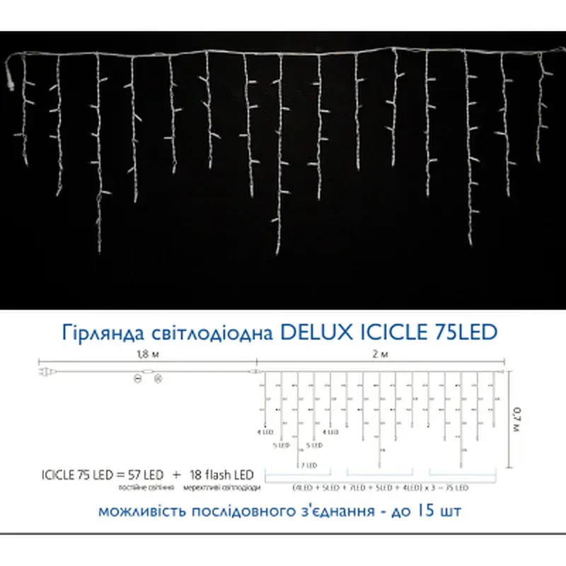 Гірлянда Delux ICICLE flash 75LED 2 х 0.7 м мульти/білий IP44 EN (90012956) - фото 3