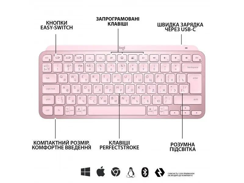 Клавіатура Logitech MX Keys Mini Wireless Illuminated US Rose (920-010500) - фото 3