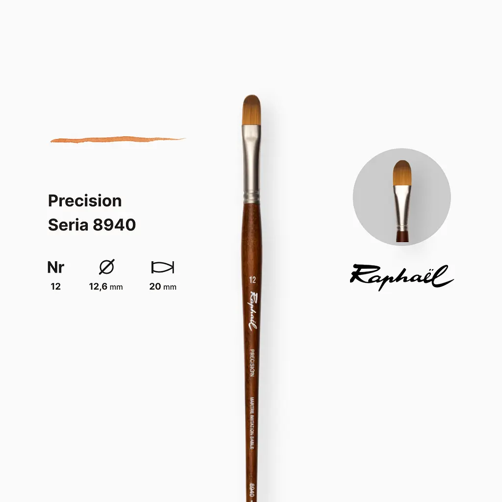 Кисть синтетика овальная Raphael Precision, №12, для акрила и масла, длинная ручка - фото 2