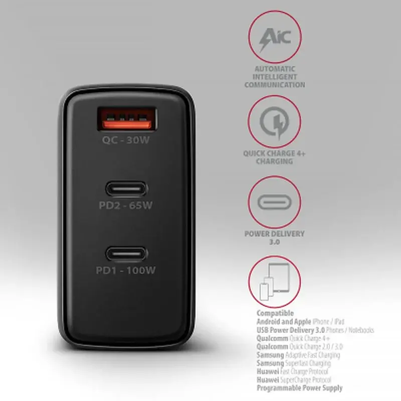 Зарядний пристрій AXAGON 1xUSB + 2xUSB-C 100W QC4+ PD3.0 PPS black (ACU-DPQ100) - фото 5