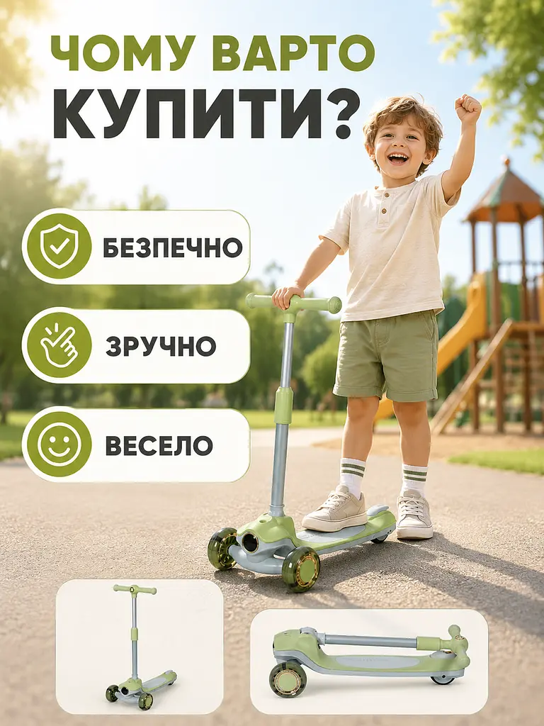 Дитячий самокат триколісний зелений з підсвічуванням коліс музикою та регульованим кермом (49675966) - фото 9