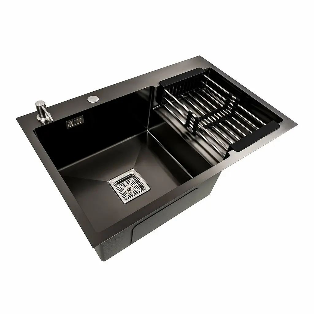 Кухонная мойка 78x50С L PVD черная Platinum Handmade (углубленная полка, 3.0/1.0 мм), Черный - фото 6