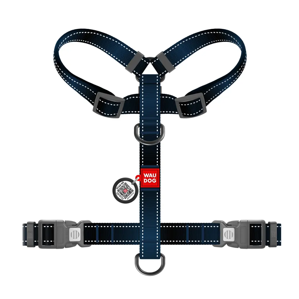 Шлея для собак WAUDOG Nylon Mono анатомічна H-подібна з QR паспортом, пластиковий фастекс, S чорна (54561) - фото 2