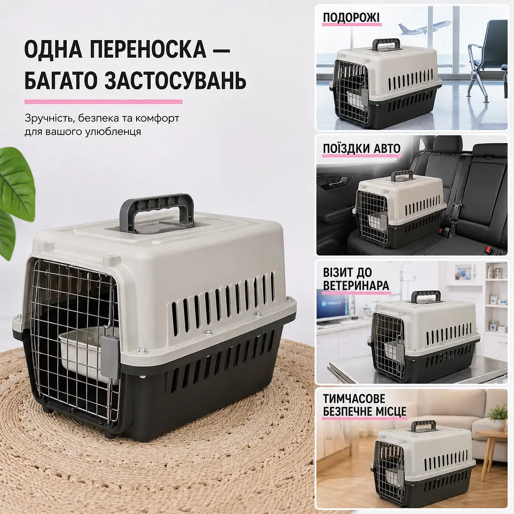 Переноска для котів і собак до 12 кг 48×32×30 - вентильована з комплектом (підвісна миска та пластикова підлога) KT8002001 - фото 8