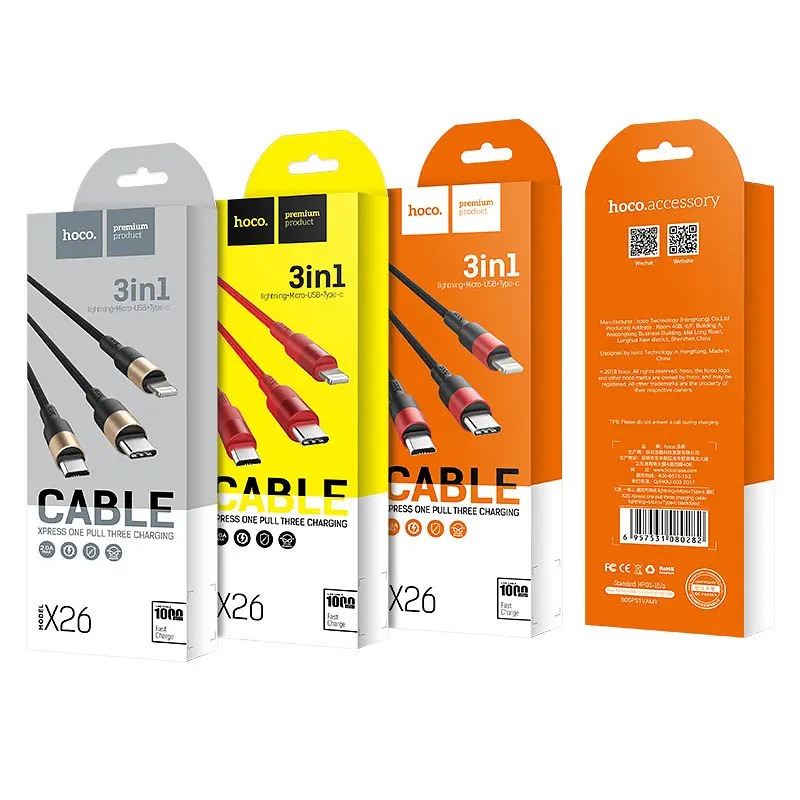 Кабель HOCO X26 USB на iP+Type-C+Micro 2A, 1m, nylon, алюмінієві connectors Чорний+Золотистий - фото 2
