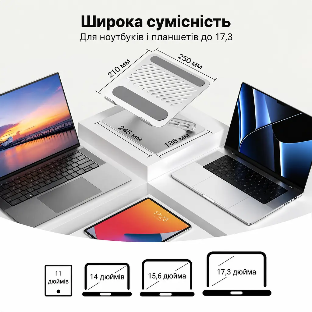 Складна Z-подібна підставка для ноутбука й планшета UGREEN LP866 Для ноутбуків 11–17,3″ Незалежне регулювання висоти до 178 мм і нахилу платформи Силіконові накладки запобігають подряпинам і ковзанню Відкрита конструкція сприяє циркуляції повітря Дві опорні стійки для стійкості Максимальне навантаження 5 кг Космічне срібло (45416) - фото 2
