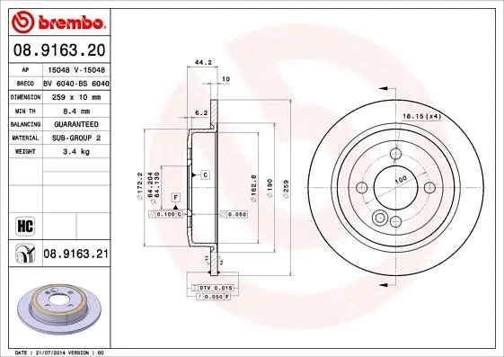 Диск гальмівний задній невентильований Mini 01-15р Brembo (08.9163.21) - фото 2