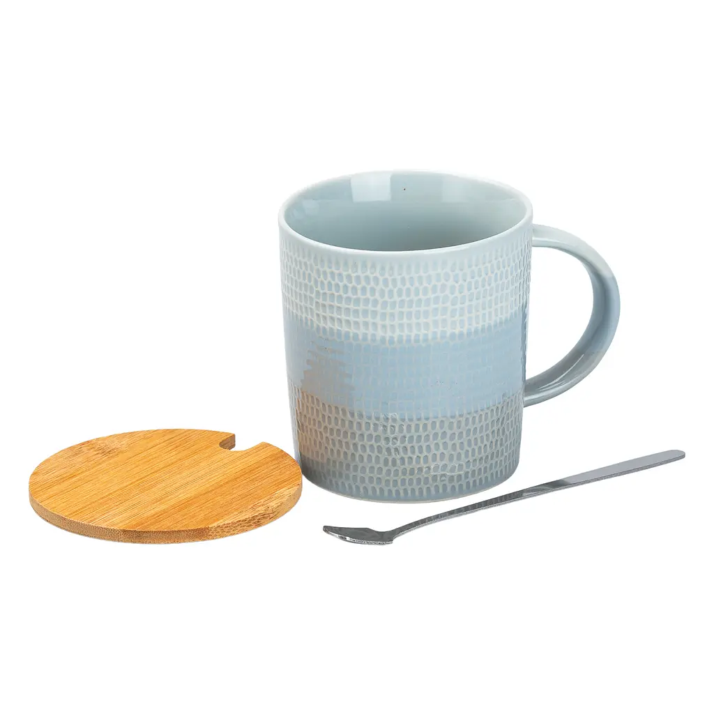 Чашка керамическая Happy Life в скандинавском стиле с крышкой и ложкой серая 350 мл HP7201G - фото 2