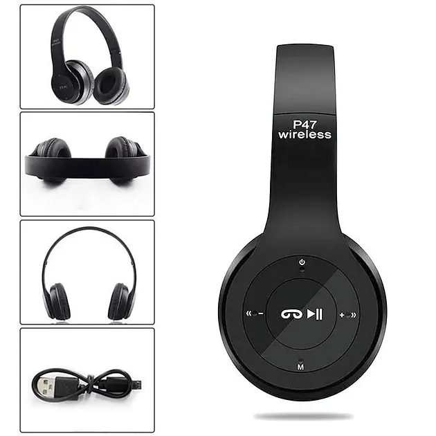 Наушники беспроводные P47 с поддержкой карты памяти + встроенным FM-радио Black (16092) - фото 2