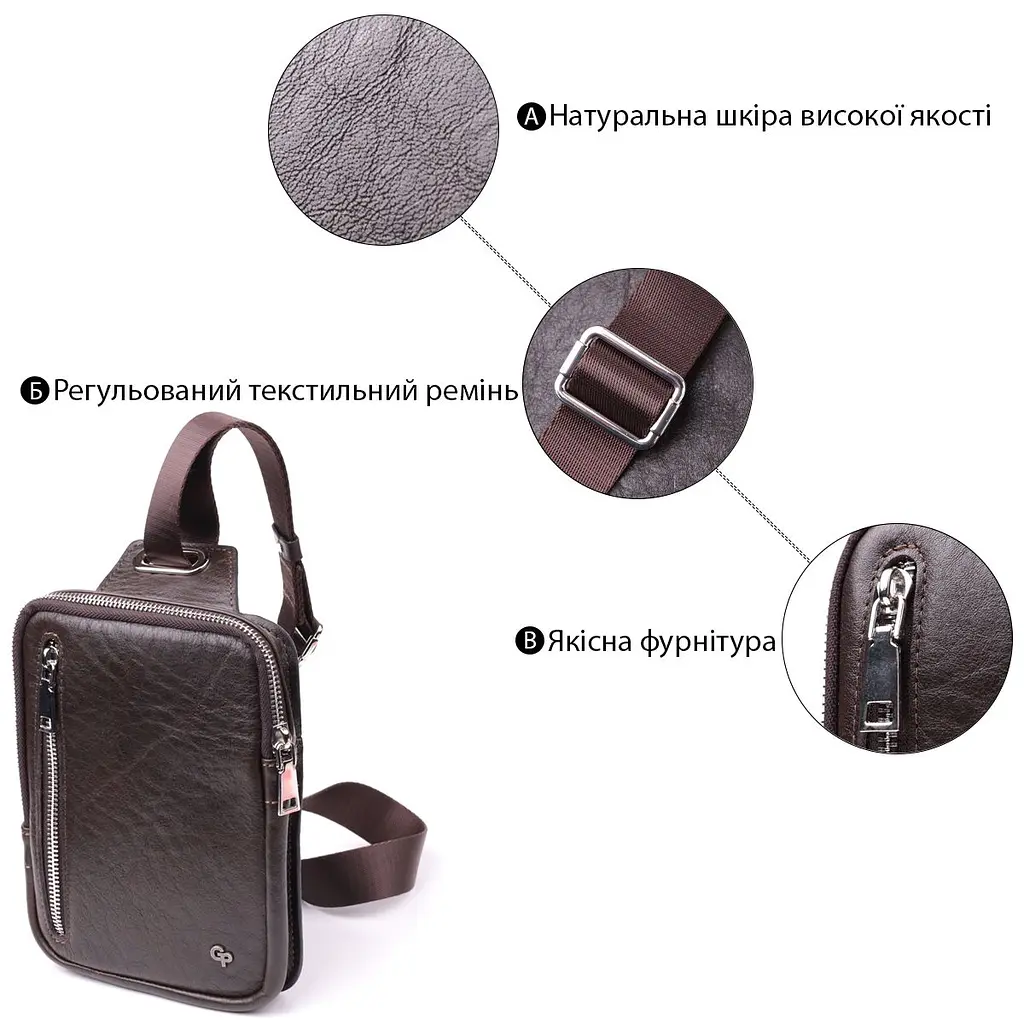 Чоловіча прямокутна сумка бананка з гладкої натуральної шкіри GRANDE PELLE 22880 коричнева - фото 8