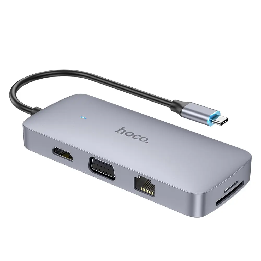 Мульти адаптер хаб Hoco HB33 10в1 Type-C to USB 3.0/ 2 USB 2.0/ Type-C/ HDMI/ VGA/ RJ45/ AUX/ SD/ TF PD 100W 0.18m серый - фото 5