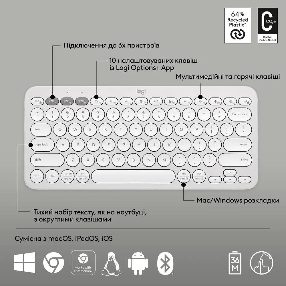 Клавиатура Logitech K380s Pebble Keys (L920-011852) - фото 2