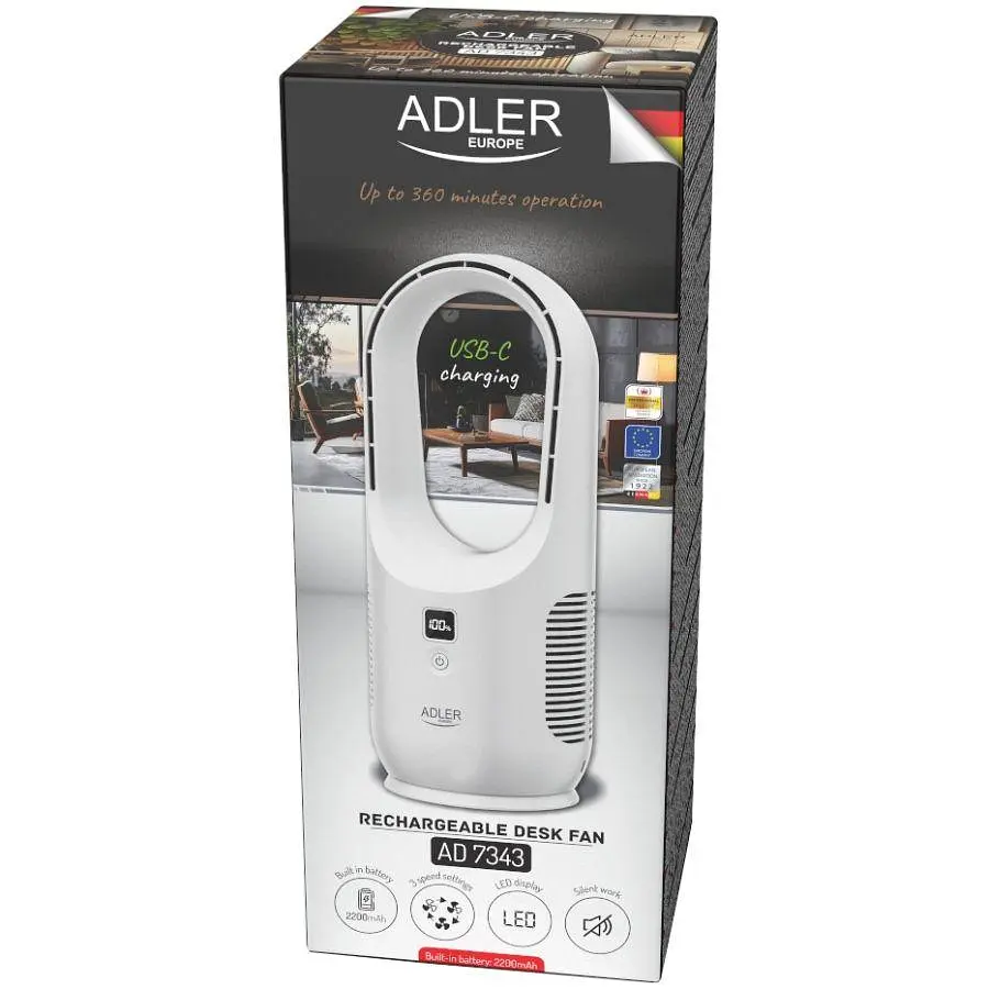 Вентилятор AdlerAD 7343 настільний/ безлопатевий/ акумуляторний/ 5Вт/ Li-ion 2200mAh/ USB-C/ білий (AD7343) - фото 6