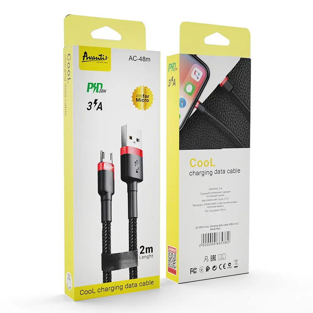 Кабель Avantis AC-48m Cool USB – Micro 2м- чорно-червоний - фото 2
