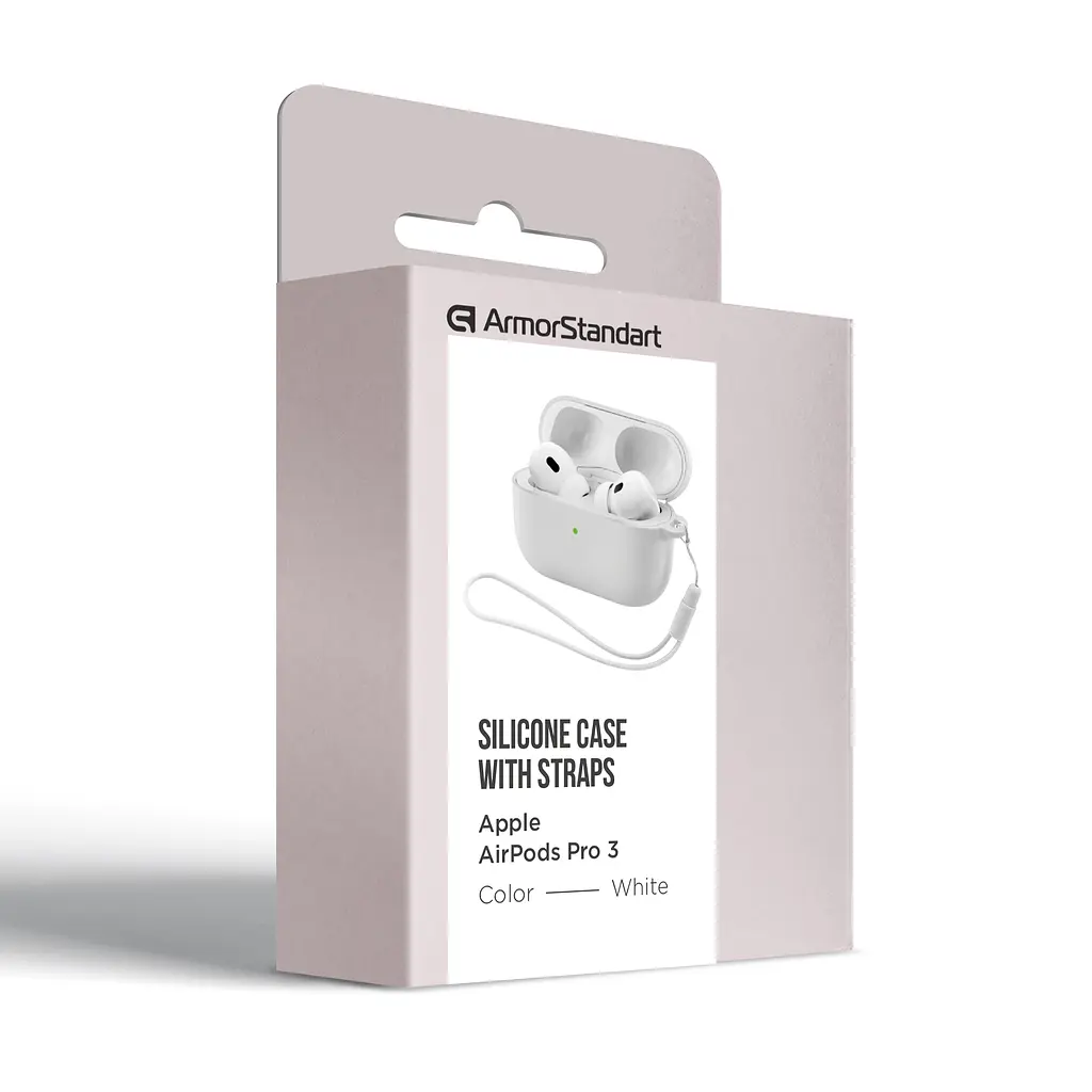Силіконовий чохол для навушників Apple AirPods Pro 3, Silicone Case with straps, білий, захисний чохол з ремінцем, ультратонкий і легкий, повний захист, з підвіскою, м"який силікон, ArmorStandart (ARM88301) - фото 2