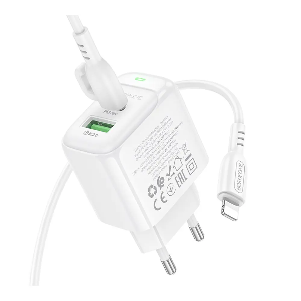 Зарядний комплект Borofone BAS44A 1Type-C /1USB PD/QC 20W 5V/3A Type-C to Lightning 1 м White (35138_3345029) - фото 6
