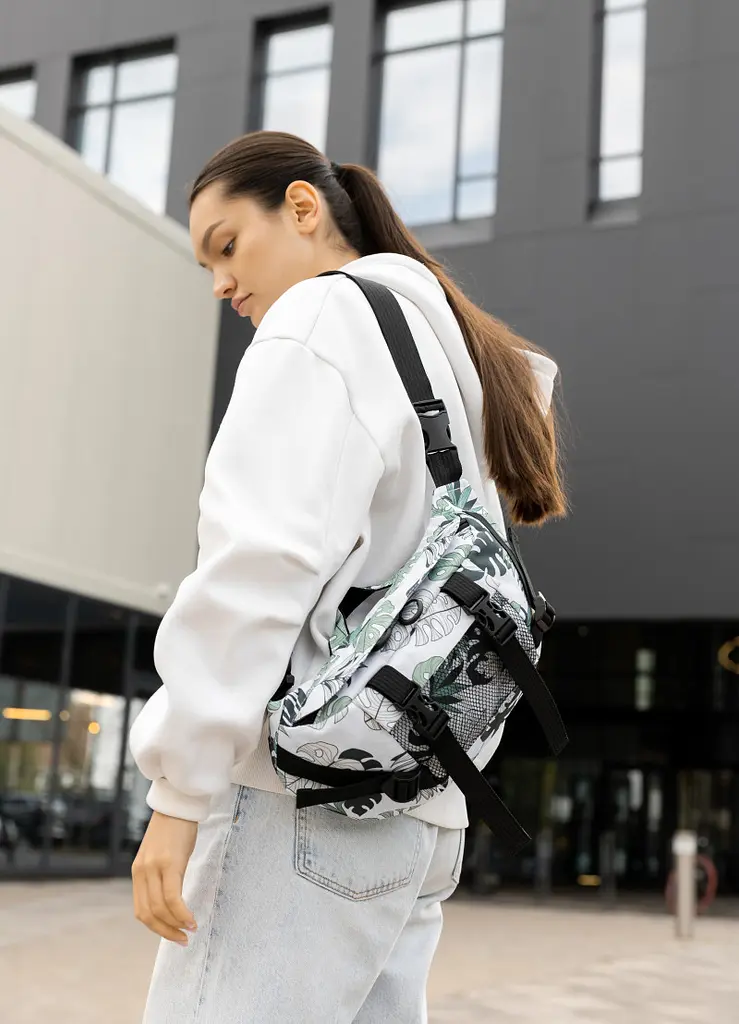 Велика жіноча поясна сумка бананка Sambag DynamicDart принт "Leaves" 38 × 21 × 7 см (80411144) - фото 2