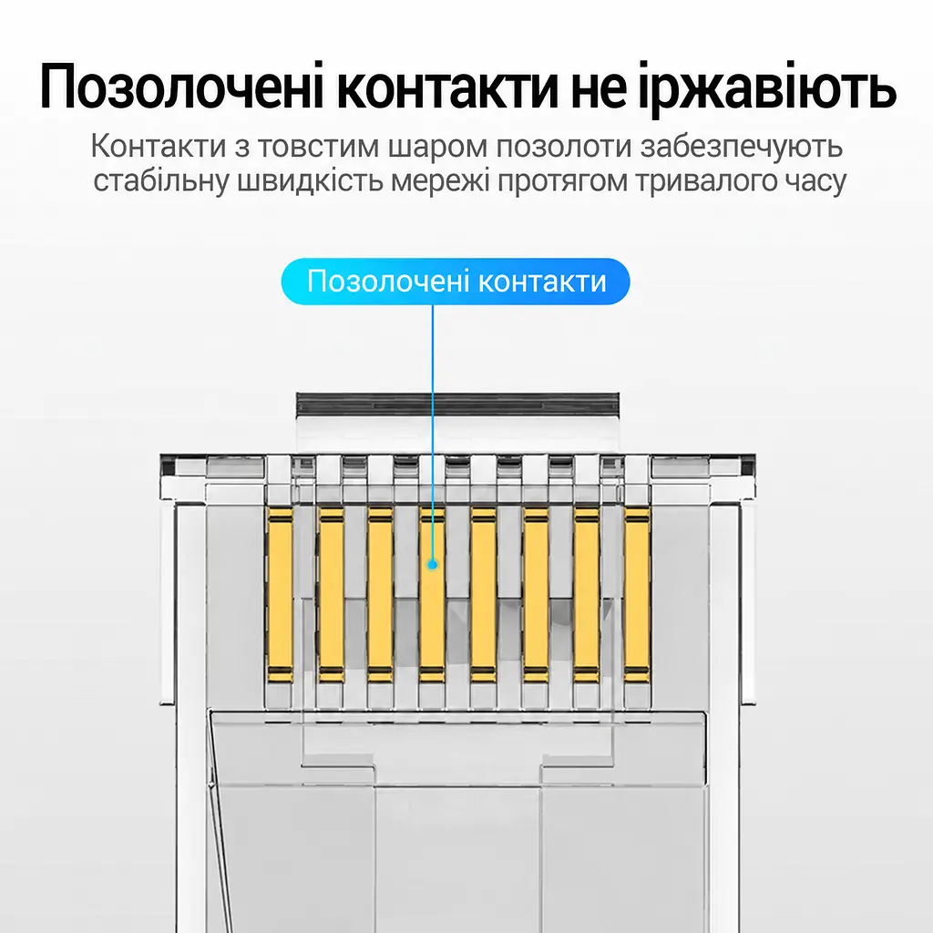 Модульные штекеры RJ45 для сетевого кабеля Vention 50 шт. Cat.6A UTP для одножильного и многожильного провода 23–26 AWG с диаметром отверстия для провода 1,5 мм непроходные с отдельной направляющей-вставкой для жил позолоченные контакты прозрачные корпуса (IDGR0-50) - фото 7