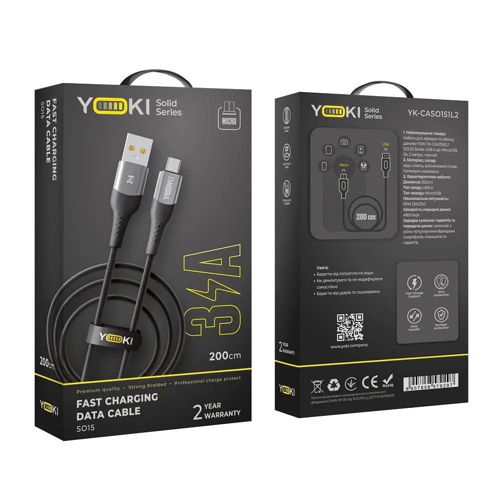 Кабель для заряджання та обміну даними Yoki YK-SO15 SOLID Series USB/MicroUSB 60W 3A/20V 2 м Чорний - фото 2