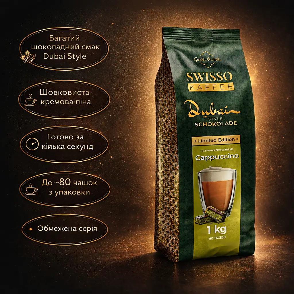 Капучино Swisso Kaffee Cappuccino Schokolade in Dubai-Style зі смаком Дубайський шоколад 1 кг - фото 2