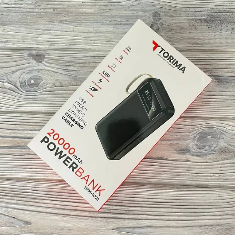 Павербанк з LED-дисплеєм та 4 вбудованими кабелями Micro-USB/Type-C/Lightning/USB TORIMA TRM-1021 20000 мАг Power bank для гаджетів Зовнішній акумулятор з ліхтарем та індикатором заряду Чорний - фото 11