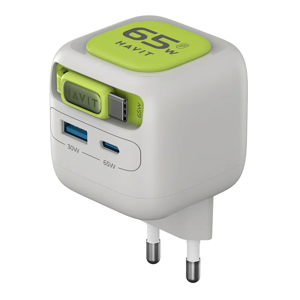 Зарядний пристрій HAVIT UC253 GaN 65W USB-A+USB-C +Кабель USB-C Gray/Green HAVIT (29277-000) - фото 5