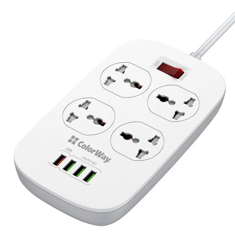 Фільтр живлення ColorWay CW-CHU44QW 4 розетки, 4 USB (1QC3.0+3 AUTO ID), 1.8 м, білий - фото 2