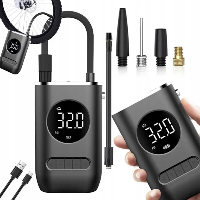 Компресор акумуляторний автомобільний 1193 із цифровим дисплеєм USB Type-C  4 насадки з ліхтариком  - фото 4